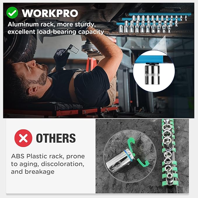 WORKPRO Magnetic Socket Organizer, 3/8-Inch Drive Aluminum Alloy Socket Rail, Heavy Duty Socket Holder, Socket Rack Kit 3/8-Inch x 10 Clips Sky Blue (Socket not Included)