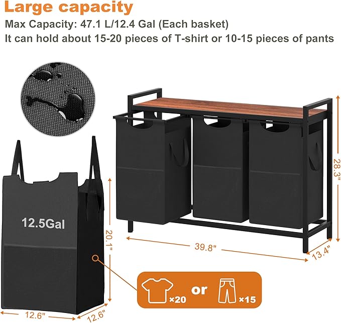 Heybly Laundry Hampers, 3 × 12.5 Gal Laundry Basket with Large Desktop Sorter for Laundry Room organization, Bathroom and Dorm Laundry Bags on Storage Shelf, Walnut HLH003WB