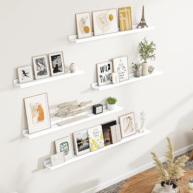 Fun Memories Picture Ledge Shelf, White Floating Shelves Set of 4, 48 Inch Picture Shelves for Wall with Ledge, Large Nursery Book Shelf for Toys Storage, Living Room, Bedroom Decor Frames