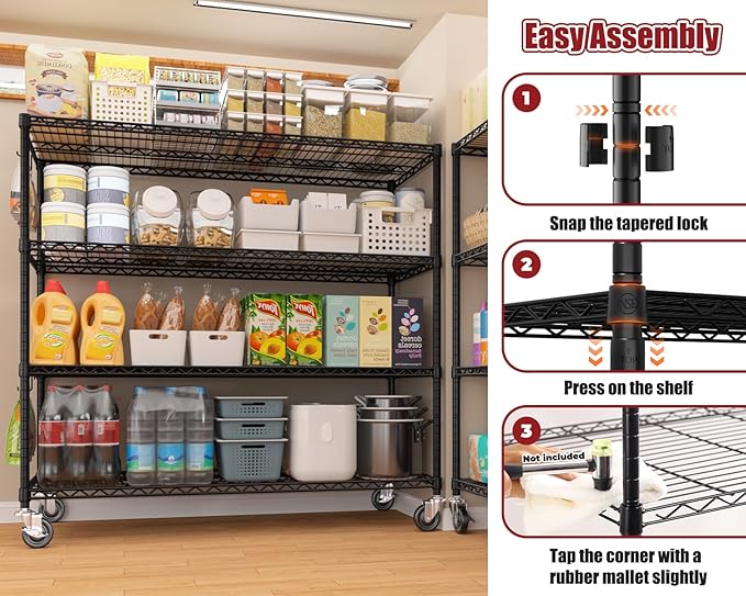 PrimeZone 5 Packs 55.5" W x 24" D x 80" H Heavy Duty Wire Storage Shelves with Wheels, 4 Tier Adjustable NSF Certified Garage Shelving Unit, Rolling Metal Organizer Shelf Rack for Warehouse, Pantry