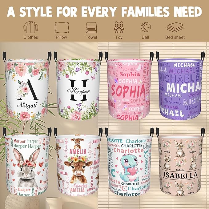 Custom Name Laundry Hamper, Personalized Elephant Laundry Basket with Name for Boys Girls Kids Men Women, Customized Name Dirty Clothes Basket Gifts for Clothes Toy Bathroom Bedroom Laundry Room Dorm