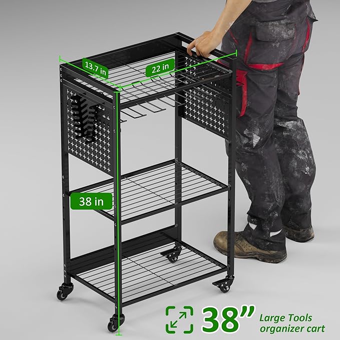 Power Tool Organizer Cart, Rolling Tool Drills Holders Storage Rack on Wheels, 38 inch Black Utility Cart for Garage Workbench, Warehouse, Gift for Husband