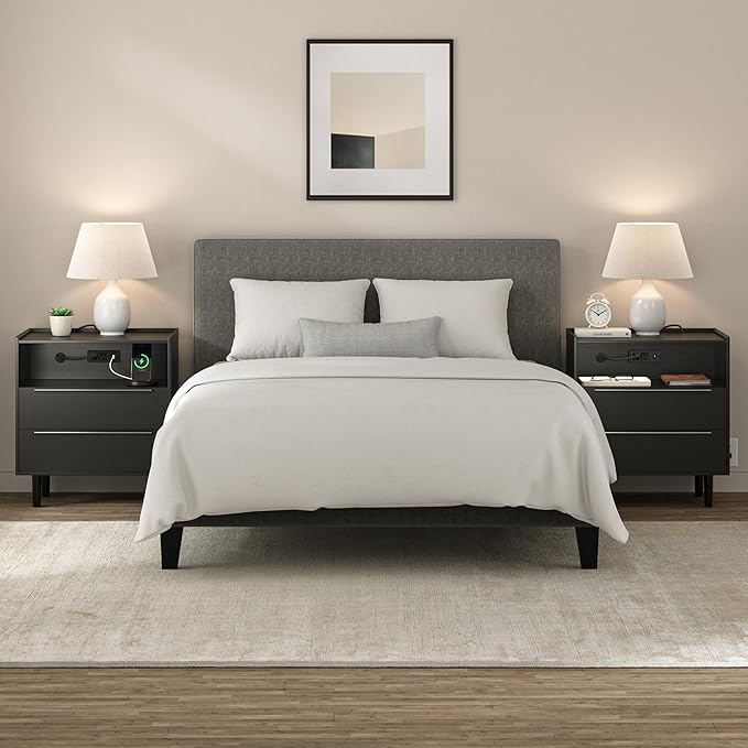 Set of 2 Modern Black Nightstands with Hidden Charging Station, USB Ports, Cable Hole, Tray Top & 2 Drawers – 24" Bedside Tables for Bedroom, Apartment