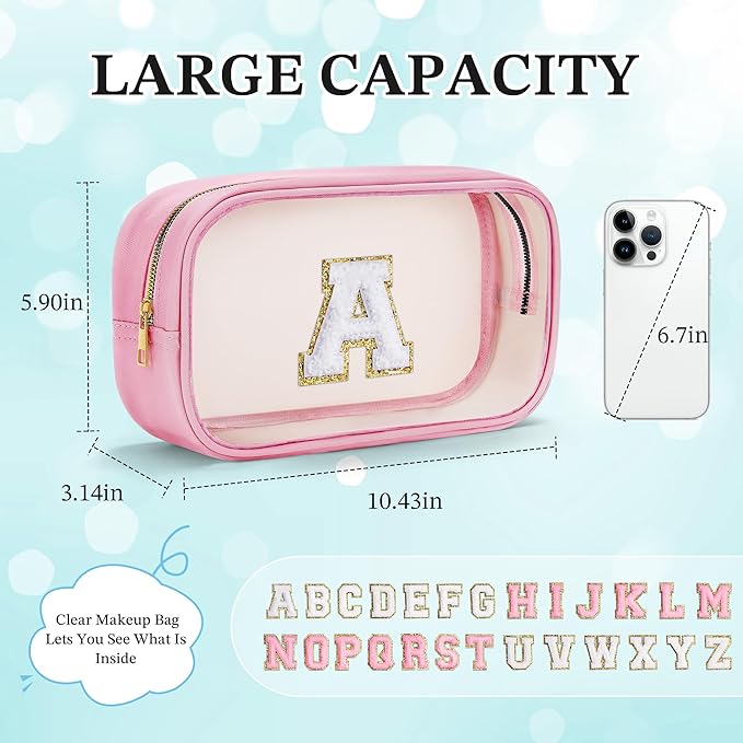 YOOLIFE Christmas Gifts For Teenage Girls Stocking Stuffers For Teen Girls Teacher Gifts Initial Clear Makeup Bag Birthday Gift Travel Toiletry Cosmetic Bags Birthday Gift Travel Essentials Pink A