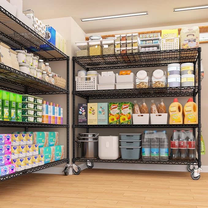 PrimeZone 2 Packs 55.5" W x 24" D x 80" H Heavy Duty Wire Storage Shelves with Wheels, 4 Tier Adjustable NSF Certified Garage Shelving Unit, Rolling Metal Organizer Shelf Rack for Warehouse, Pantry