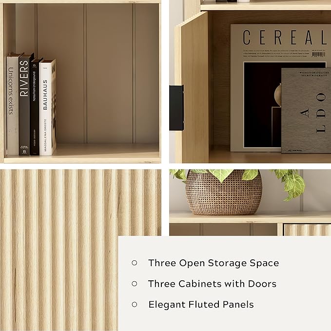 Fluted Storage Bookshelf Set of 2, Modern Wood Floor 6 Cube Bookcase with Doors and Open Shelf, 2-Tier Short Organizer Shelf for Living Room, Bedroom Light Oak