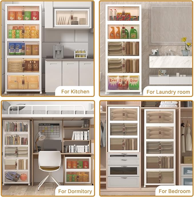 Extra Large Stackable Storage Bins with Lids & Wheels, Foldable Collapsible Closet Organizers Storage Cabinet with Doors for Bedroom Dorm (White, 480QT-120QT/30GAL*4Pack)