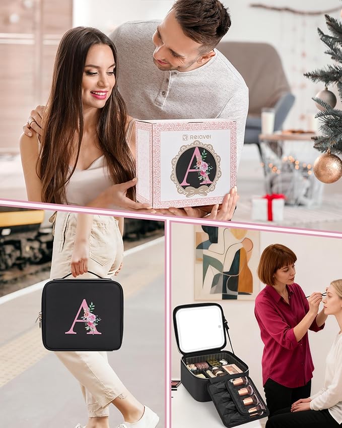 Relavel Initial Makeup Bag with LED Mirror for Women Girls, Personalized Travel Cosmetic Organizer Train Case, Birthday Gifts for Grandkids Bridesmaid Graduation Teacher Friends, Trendy Stuff, Black K