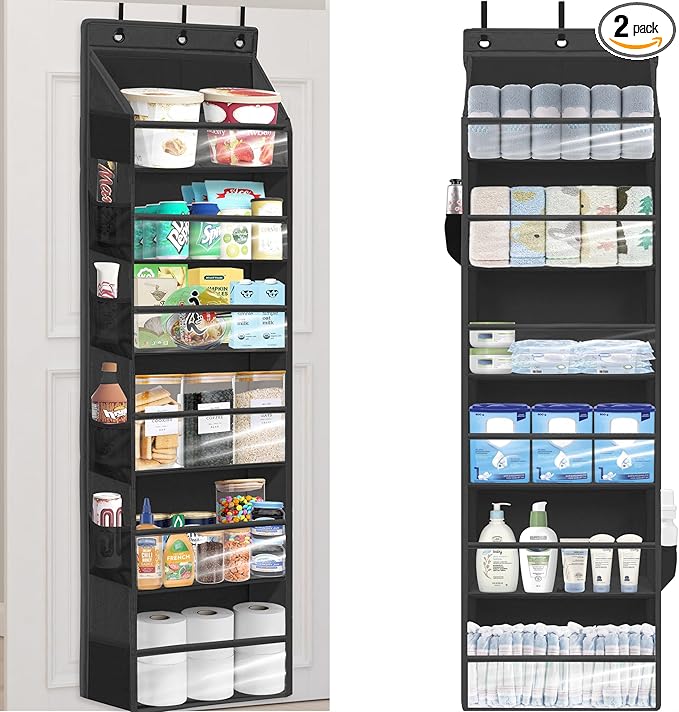 Over Door Organizer with 6 Extra Large Pockets 12 Side Pockets, 2-Pack Sturdy Closet Rack, Hanging Storage Organizer with Clear Window for Shoes, Diapers, Toys, Bedroom, Bathroom, Black