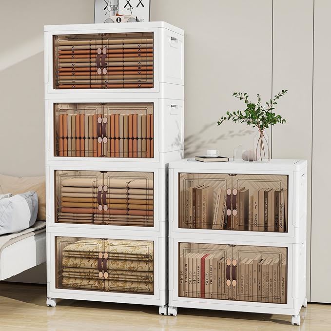 Storage Bins with Lids and Wheels, Collapsible Bathroom Storage Cabinet with Clear Doors, Plastic Stackable Closet Organizers and Storage Containers White 628 QT