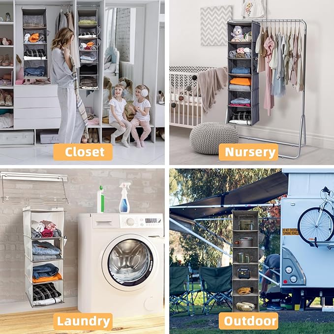 4-Shelf Hanging Closet Organizer and Storage, Collapsible Hanging Shelves for Closet with 2 Side Pockets, Hanging Shoe Organizer to Saving Space,Grey