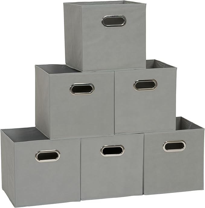 Household Essentials Foldable Fabric Storage Cubes 6-Pack – 11x11x11 Stackable Non-Woven Bins with Chipboard Sides & Grommet Handles – Closet, Shelf, Nursery, or Office Organizer – Dove Gray
