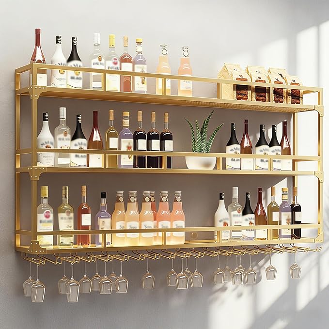 59in Wall Mounted Wine Rack, Wine Rack Wall Mounted With Wine Glass Rack, Metal Bar Bottle Display Shelf Wine Cups Hanging Holder, For Home Bar Cafe Dining Room Decoration (GOLD, 59*10*35.5IN)