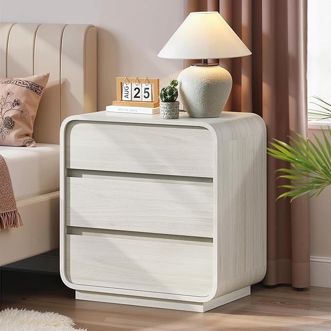 White Nightstand Set of 2 with Charging Station, 23.2" Wide Wood Bedside Table, Modern Dresser End Table with 3 Storage Drawers, Curved Profile, Mid Century Night Stand for Bedroom Dorm