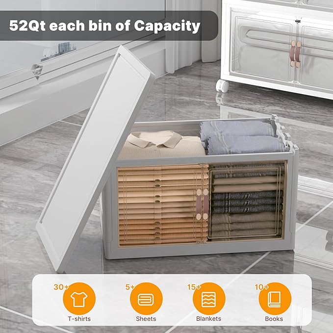 Extra Large Stackable Storage Bins with Lids & Wheels & Door, 208QT-52QT/13GAL*4Pack Foldable Collapsible Closet Organizers, Plastic containers drawers for bedroom Dorm