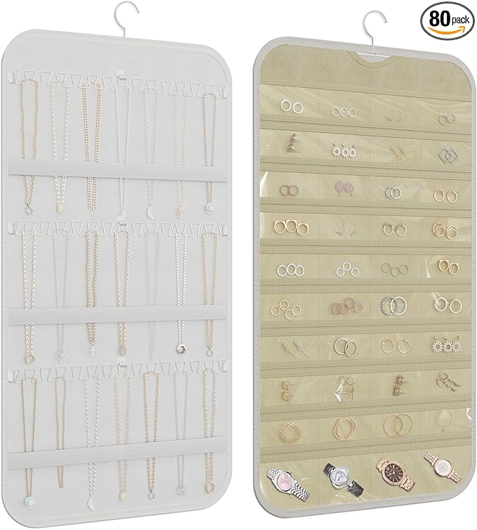 Hanging Jewelry Organizer Storage, 40 Pockets 36 Hooks Necklace Earring Bracelet Ring Organizer, Double - Sided Design, White and Beige