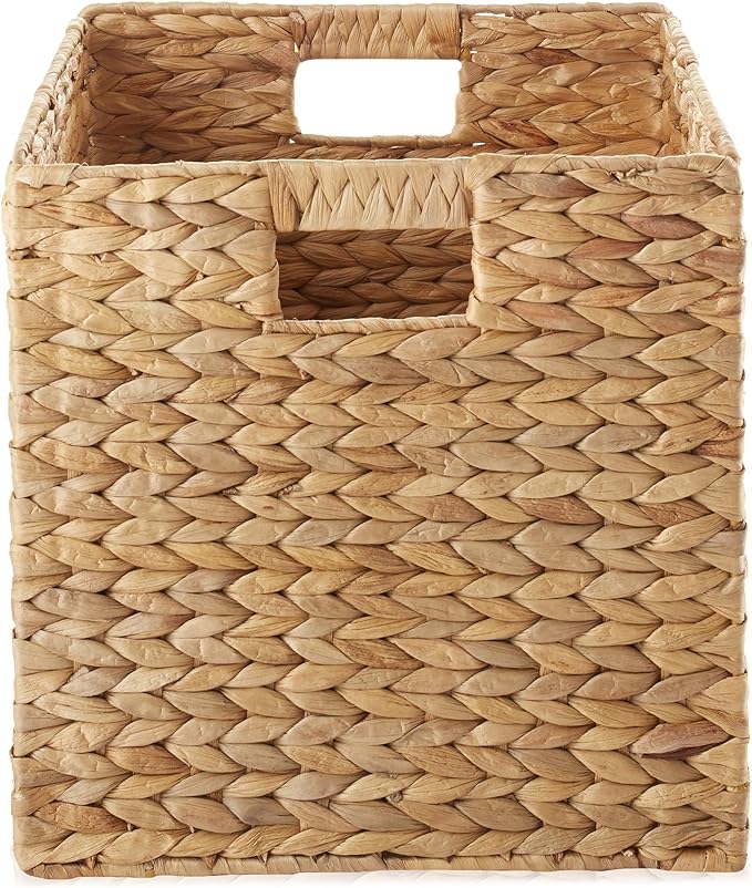 Casafield 13" x 13" Water Hyacinth Storage Baskets, Natural - Set of 6 Collapsible Cube Organizers, Woven Bins for Bathroom, Bedroom, Laundry, Pantry, Shelves
