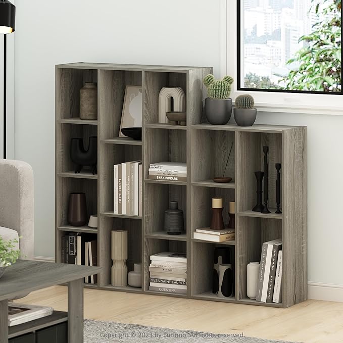 Furinno LUDER Book Shelf, 11-Cube Bookshelf, Reversible Bookcase, 9.4 x 29.1 x 41.7, for Living Room, Bedroom, Home Office, French Oak