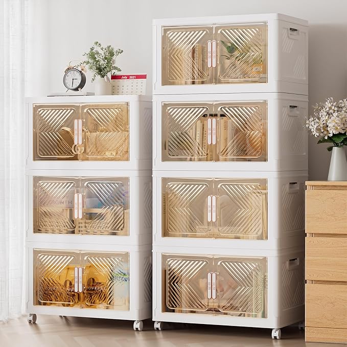 Storage Bins with Lid 120QT, Stackable Storage Containers with Wheels and Magnetic Doors, Plastic Clothes Closet Organizers and Storage Box for Home and Office (4 Pack)