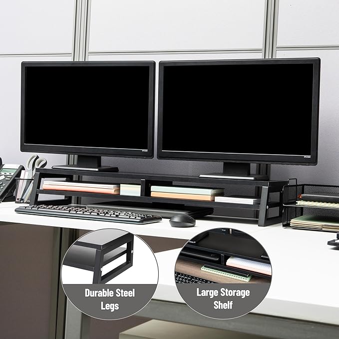 Mind Reader 2-Tier MDF Double Monitor Stand, Dual Screen Riser with Storage Shelf, 33.75 Inch Wide, 88 lb Capacity, Black