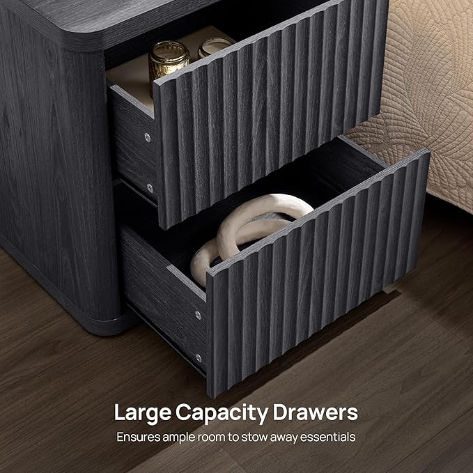 SICOTAS Night Stand Nightstand with 2 Drawers Storage Bedside Table Large Fluted Bed Side End Table Modern 24.4" Tall Wide Night Stands for Bedroom Living Room Sofa Couch Home Office, Dark Grey Alder