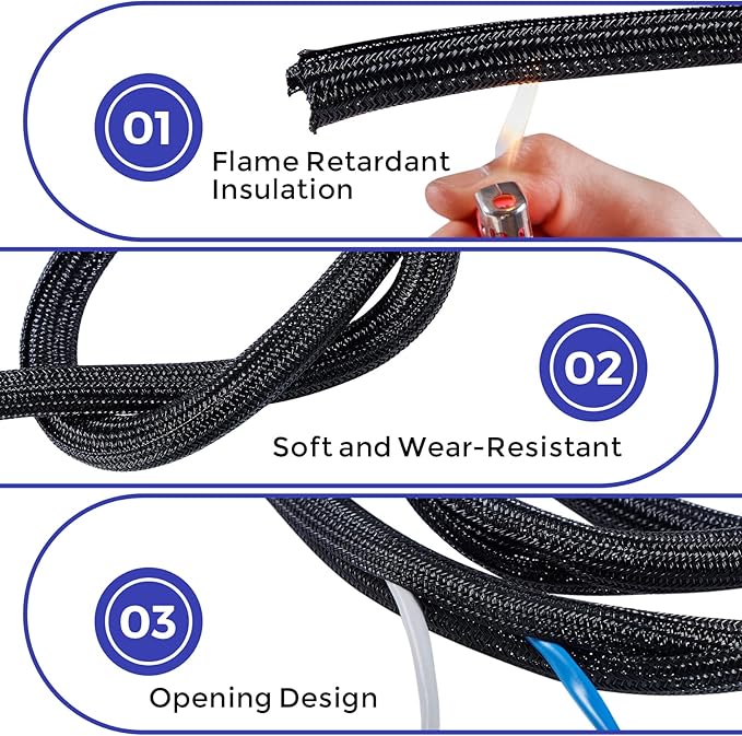 Cable Management Sleeves 1in - 2 Pack 4.1ft Split Braided Cable Sleeve Black, Hard PE Cord Protectors from Pets, Wire Organizers for Cords, Flexible Cord Wrap Wire Sleeve for Computer Cord Organizer