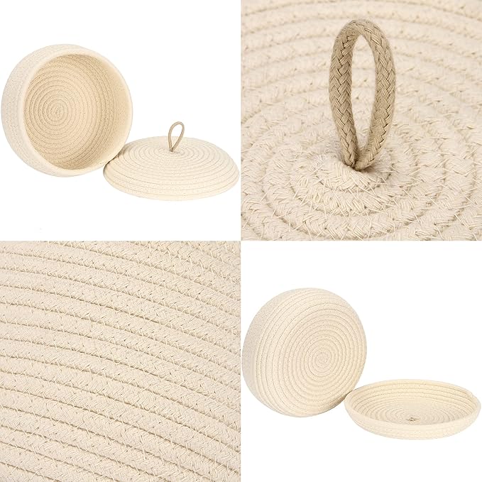 Sea Team Round Cotton Rope Storage Basket with Lid, Decorative Woven Storage Bin, Pot, Caddy, Organizer, Container for Snacks, Towels, Plants, 10 x 4.5 Inches (Small, Shallow, Cream)