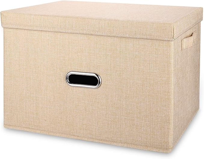 Large Linen Fabric Foldable Storage Bins with Removable Lid and Handles, Washable Storage Box Organizer Containers Baskets Cube with Cover for Bedroom,Closet,Office (Khaki, Extra Large)