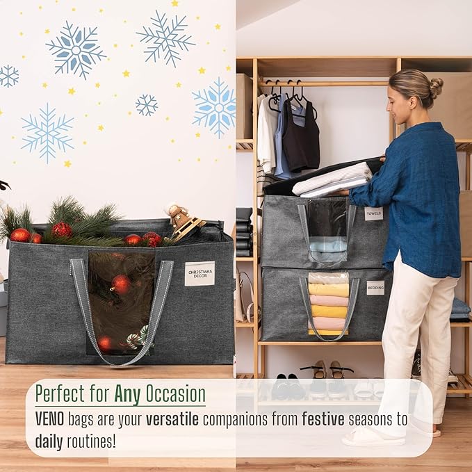 VENO 6 Pack Moving Bags, Comforter and Blanket Storage Bags for Closet, Moving Boxes, Boxes with Lids Alternative, College Dorm Packing Supplies, Foldable Heavy-Duty Tote with Window (Gray, 6 Pack)