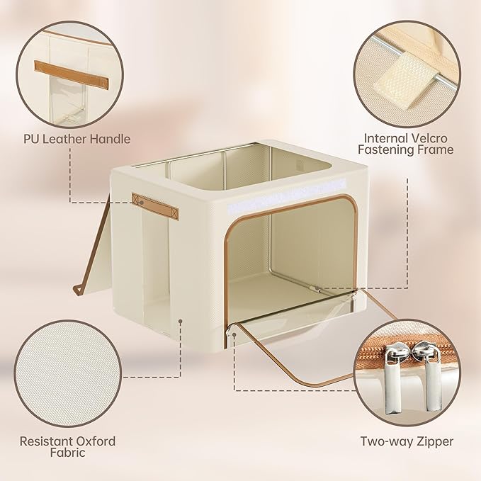 Yecaye Clothes Storage Bins with Metal Frame, Foldable Clothing Storage Bin with Lid, Stackable Oxford Fabric Organizer Box With Clear Window & Zippers & PU Leather Handles (3 Pack,Beige,40L)