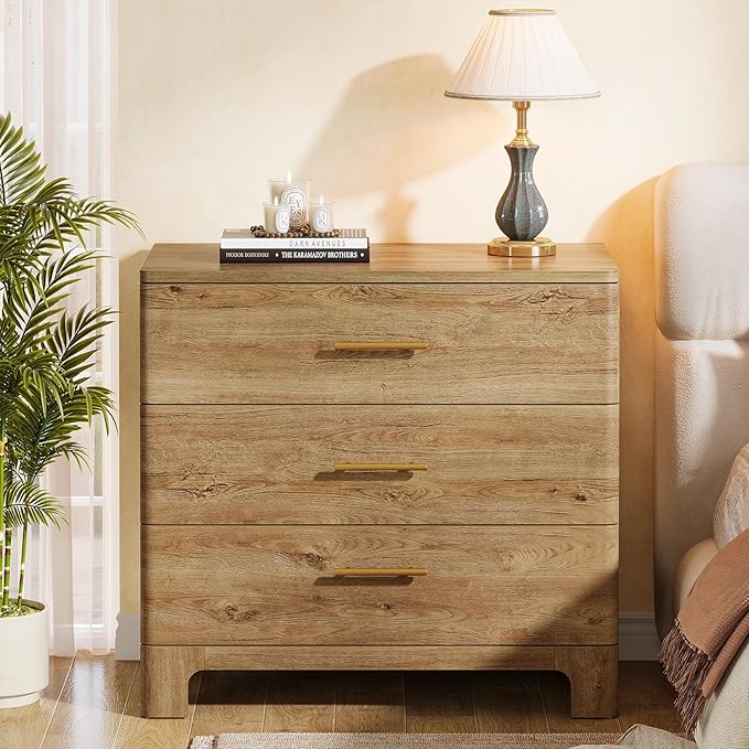 Tribesigns Oversized Nightstand with 3 Drawers, 31.5-Inch Wide Wood Farmhouse Night Stand with Storage and Gold Mental Handles for Bedroom, Brown (1)