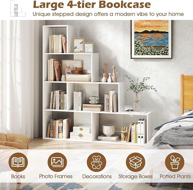 Tangkula 4-Tier Stepped Bookshelf, Freestanding 6 Cubes Ladder Bookcase with Anti-Tipping Kits, 64" Tall Modern Wooden Storage Display Rack for Home Office Living Room Study (1, White)