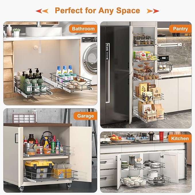 ALINE FURNITURE Pull Out Shelves - 23" W x 22" D Soft Close Pull Out Cabinet Organizer 1 Tier - Slide Out Drawers with Shelf Liner, Heavy Duty Steel Wire Baskets for Kitchen Cabinets, Pantry, Bathroom