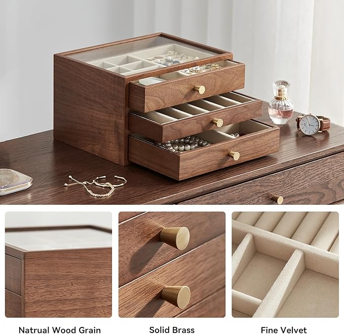 CHOSIN Black Walnut Wooden Jewelry Box for Women, 3-Layer Wood Jewelry Organizer with Glass Lid for Watches, Necklaces, Rings & Earrings Storage Christmas Gifts