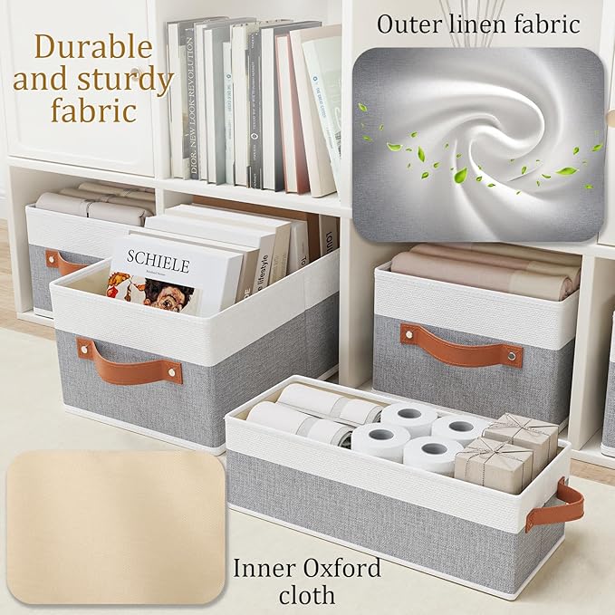 OUTBROS Storage Bins,Foldable Storage Baskets for Organizing,Fabric Storage Boxes With Handles,For bedrooms, living rooms, Shelves,Gray/White,15x6.1x5.1in,6-Pack