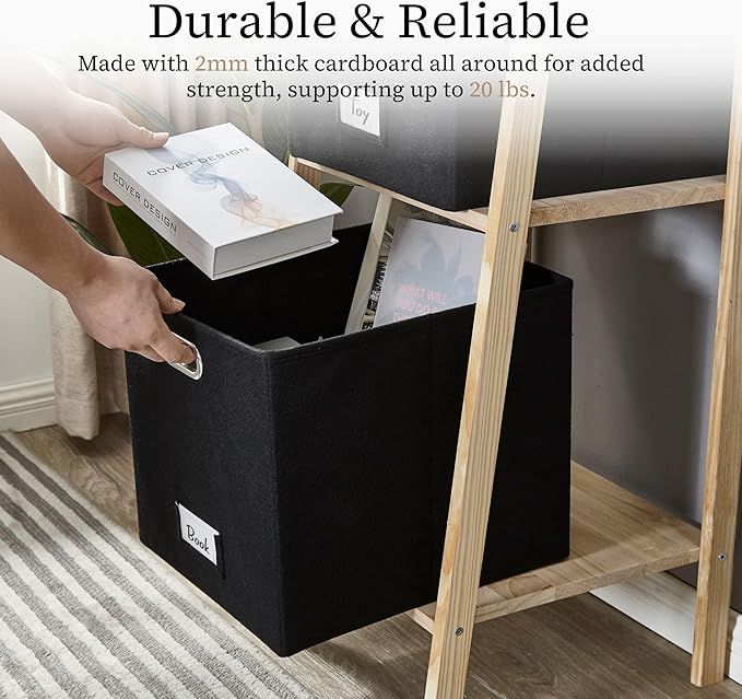 DECOMOMO Black Storage Bins, 13 inch Cube Storage Bins with Labels, Felt Baskets (Cube 13" / 6pcs, Black)