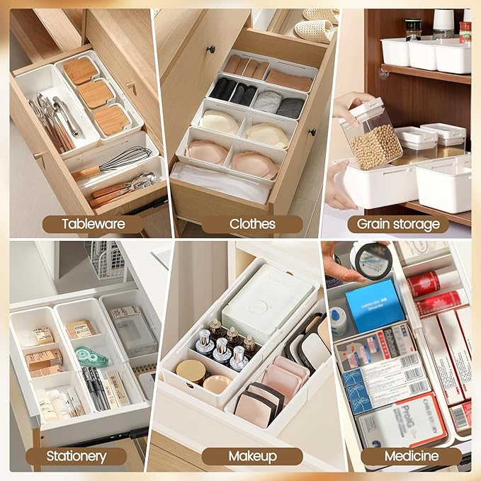 Expandable Drawer Organizers, Adjustable Drawer Dividers Organizers, PP Drawer Organizer Trays for Utensils, Pens, Makeups, Flatware and Junks, Multi-Use (Small)
