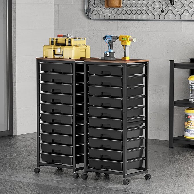 Rolling Cart with Drawers,10 Drawer Rolling Cart,Storage Cart,Utility Cart,Teacher Cart for Classroom Storage,Craft Cart with Wheels and Wooden Tabletop,Black