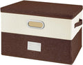 Large Linen Fabric Foldable Storage Bins with Removable Lid and Handles, Washable Storage Box Organizer Containers Baskets Cube with Cover for Bedroom,Closet,Office(Coffee&Cream, Large)