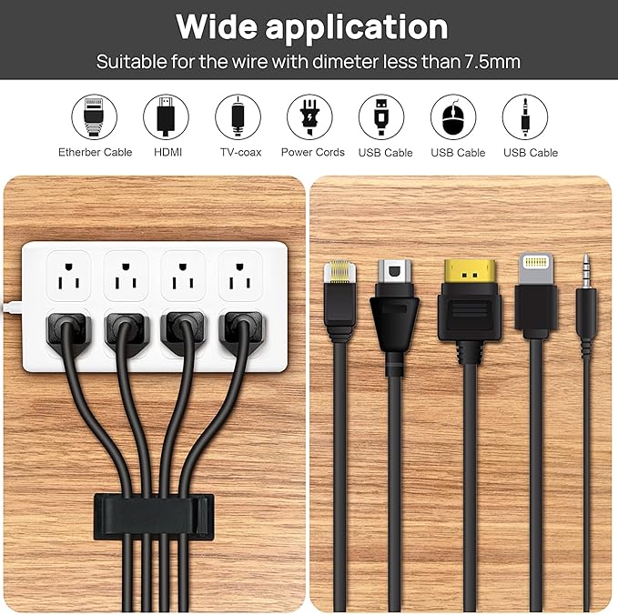 Cable Management Clips, 20Pcs Cord Organizers Wire Clips Cord Holder for TV PC Ethernet Cable Desk Home Office (Black)
