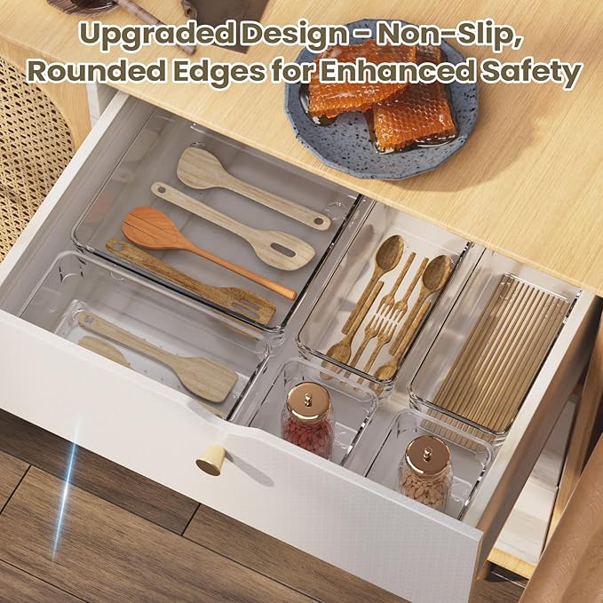 6 PCS Clear Plastic Drawer Organizer Set, 2 Sizes Acrylic Drawer Storage Trays Non Slip Storage Bins for Makeup, Jewelry, Gadgets for Kitchen, Bedroom, Bathroom, Office