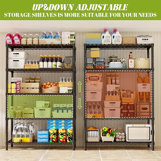 Storage Shelves, 2 PCS 36" L x 14" W x 72" H Heavy Duty Garage Wire Shelving Unit Loads 1750LBS, 5-Tier Adjustable Metal Industrial Utility Shelf Rack for Kitchen, Laundry Room, Basement