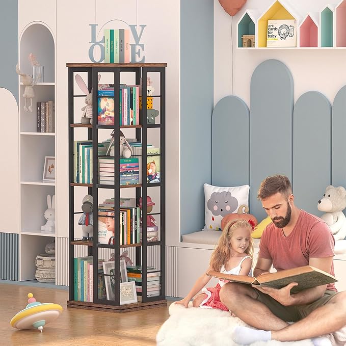Aheaplus Rotating Bookshelf, Corner Bookshelf, 360 Display Wood Spinning Bookshelfs, Floor Standing Bookcase Narrow Shelf Revolving Organizer Storage Rack for Small Space, Bedroom, Study Room