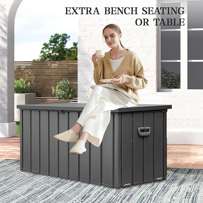 Domi 120 Gallon Deck Box, Metal Outdoor Storage Box with Lock Wheels Side Handles, Waterproof Outside Storage Box for Patio Cushions, Shoes & Pool Tools
