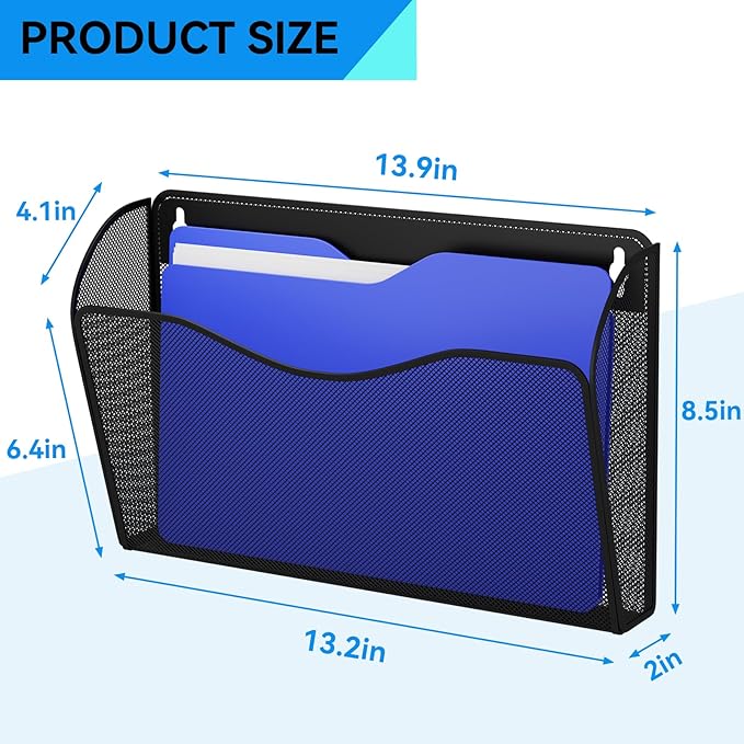 6 Single Pocket Wall File Holder, Mesh Hanging File Folder Paper Organizer, Vertical Wall Mounted Mail Basket, Storage Organization Magazine Rack for Office, Home and School, Black