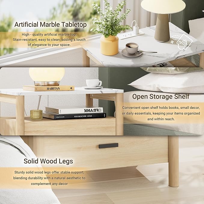 Night Stand Set of 2 with Charging Station, 24" Large Modern Nightstand with Faux Marble Top, 2 Drawers End Table with Solid Round Post Legs&Open Shelf, for Bedroom, Natural Oak