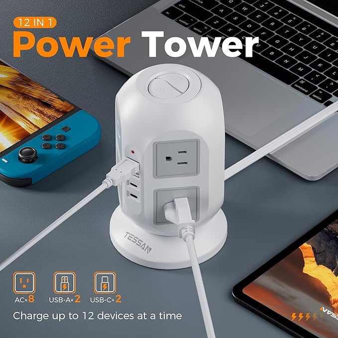 Tower Power Strip, Surge Protector 10 FT Cord, TESSAN Flat Plug Extension Cord with Multiple Outlets, 8 AC Outlets with 4 USB Ports (2 USB C), Charging Station with Surge Protection, for Office Dorm