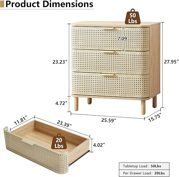 ORRD 3 Drawer Dresser, Modern Iron Rattan Cabinet Dresser for Bedroom, Large Nightstand Accent Storage Chest of Drawers for Living Room, Bedroom - Natural