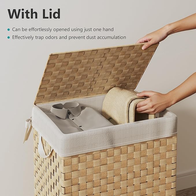 Foldable Laundry Hamper Basket with Lid by Fiona's magic, Handwoven 96L Large Clothes Hamper with Removable Liner Bags, Collapsible Tall Hamper for Bedroom, Bathroom and Dorm Organizer, 2Pack, Natural