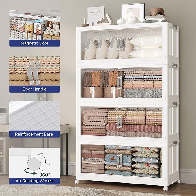 360QT Extra Large Stackable Storage Bins with Lid & Wheels & Doors, 90Gal Foldable Collapsible Closet Organizers, Plastic Cabinet Box Container Drawer for Home Kitchen Bedroom, 3Pack White